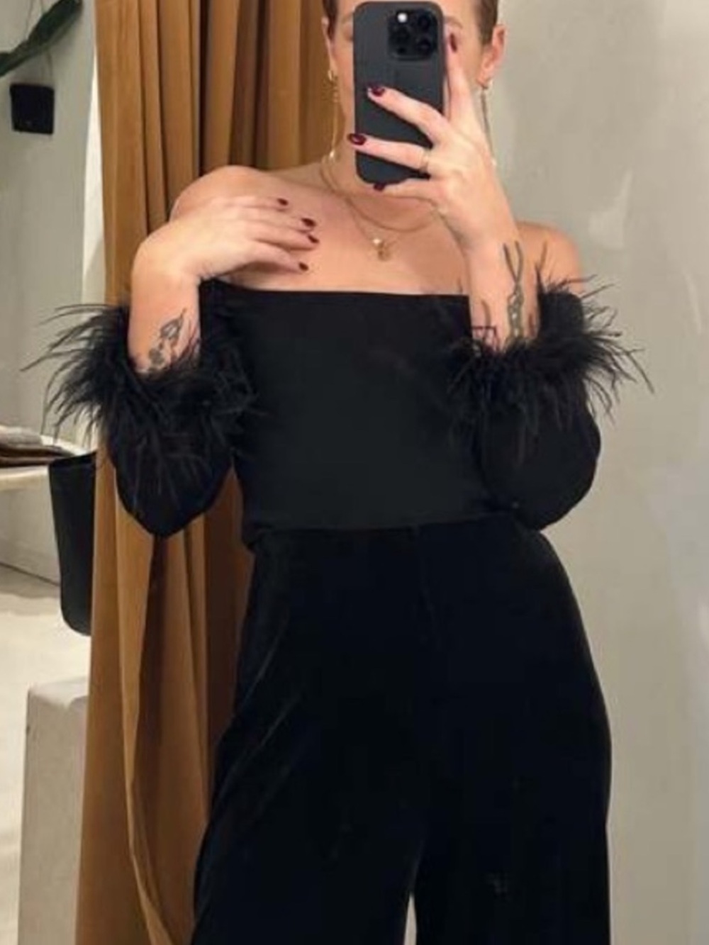 Lucy Paris Off-the-Shoulder Feather Trim Black Blouse, Size S